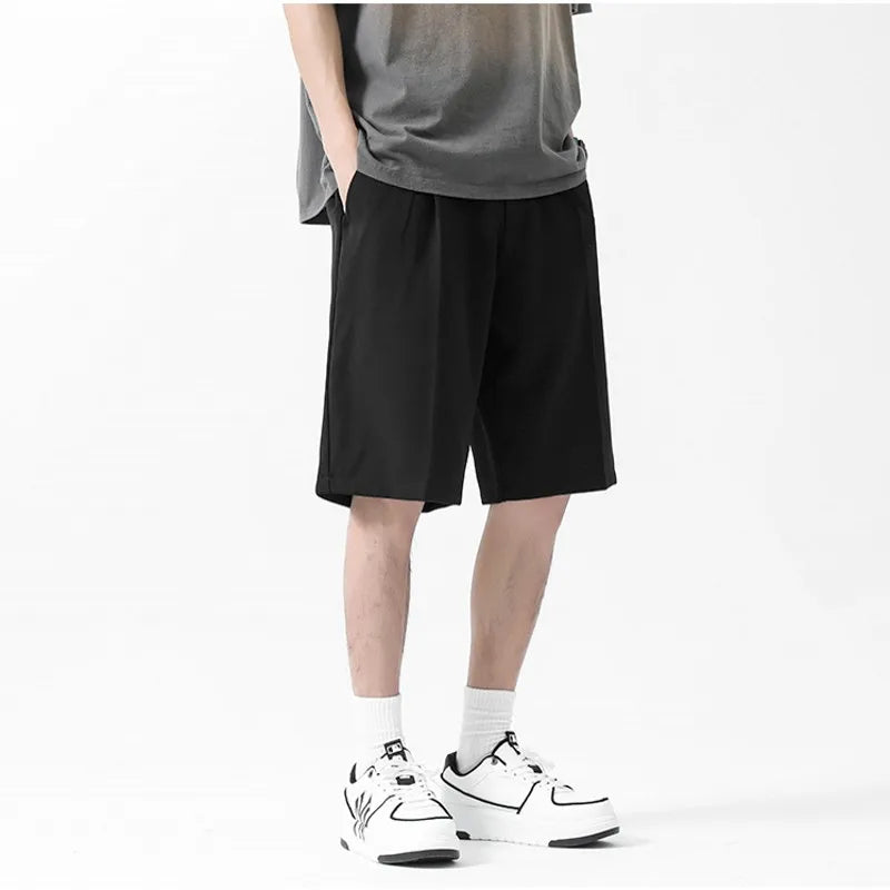 Summer Men's Shorts Straight Fit Knee-Length Short Suit Pant Solid Black Gray Clothing Student Thin Silky Casual Shorts Man