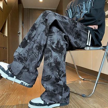 saferido Korean Style Tie-dye Print Casual Pants Black Mopping Trousers Men Autumn Fashion Streetwear Pants Unisex Plus Size 5XL-M