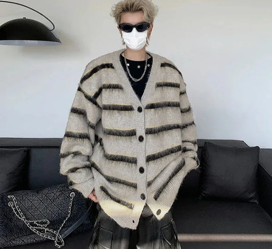 Striped Cardigan Men Winter Chic Knitwear Slouchy Baggy Japanese Style Harajuku Long Sleeve High Street Hip Hop Fashion College