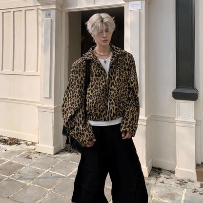 saferido 90s Streetwear Leopard Print Design with Curved Sleeves Short Jacket Men's Spring Autumn New Casual Jacket Top