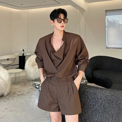 saferido Korea Fashion Spring Male Casual Casual Set Solid Color Personality Lapel Short Sleeve Men's Short Pants Top 2-piece set