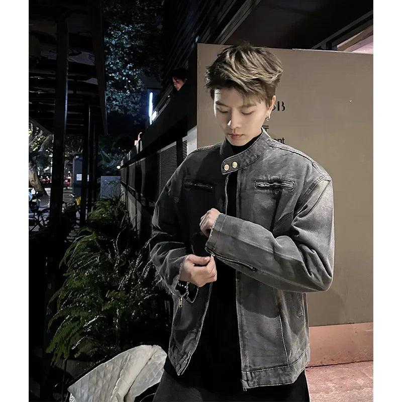 saferido Trendy American Style Vintage Cropped Jacket Men's Loose Fit Denim Clip-on Motorcycle Jacket Hiphop High Street Fashion