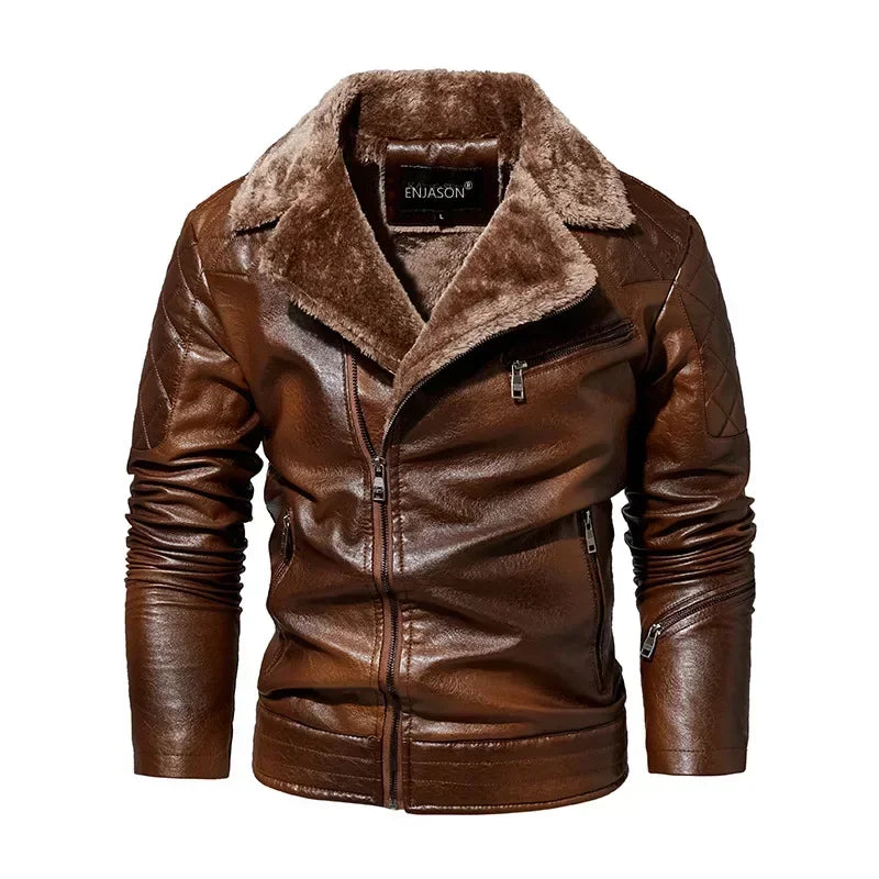 Fashion Warm Winter Men's Leather Jacket with Fur Collar Thicken Fleece Motorcycle Coat Casual Faux Leather Locomotive Jacket