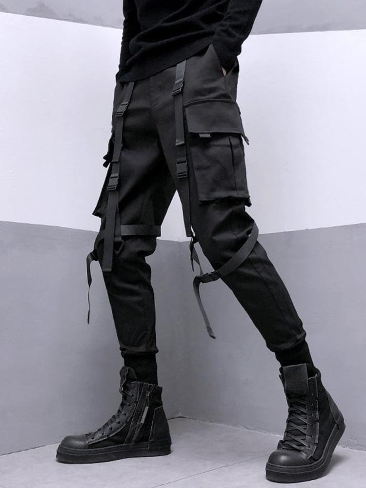 Techwear Black Cargo Pants for Men Cargo Trousers Male Japanese Streetwear Hip Hop Spring Ribbon Pocket Harajuku Fashion