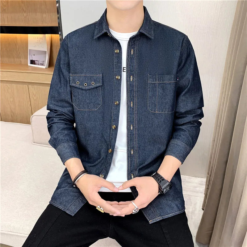 saferido Denim Shirt for Men Jeans Cotton Long Sleeve Blue Blazer Button Up Y2K Casual Spring Summer Cardigan Loose Fashion  Black Coat