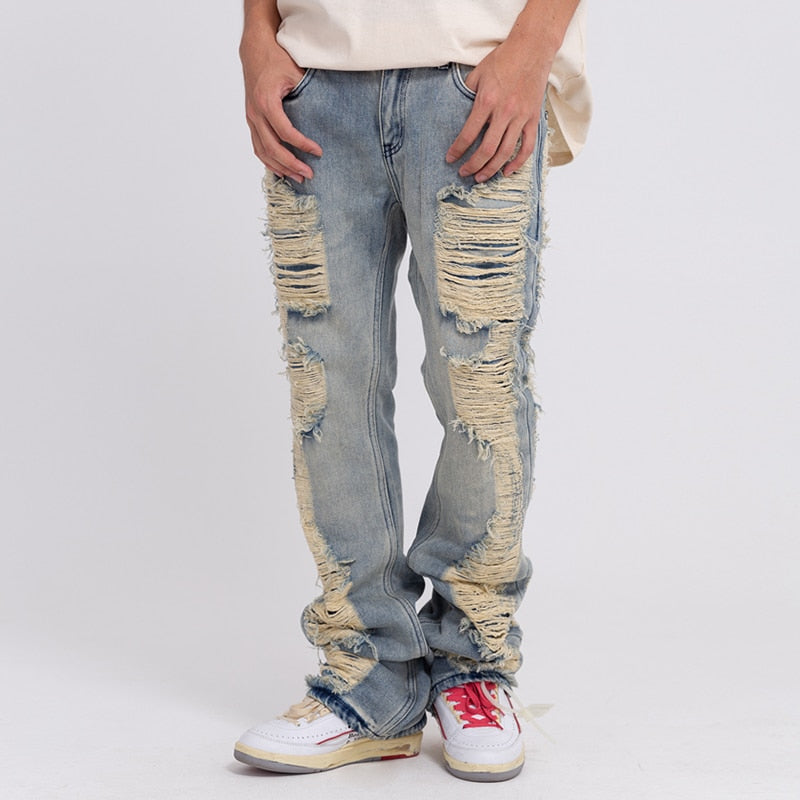 Harajuku Ripped Frayed Hole Blue Washed Jeans Pants for Men and Women Pockets Streetwear Casual Baggy Denim Trousers