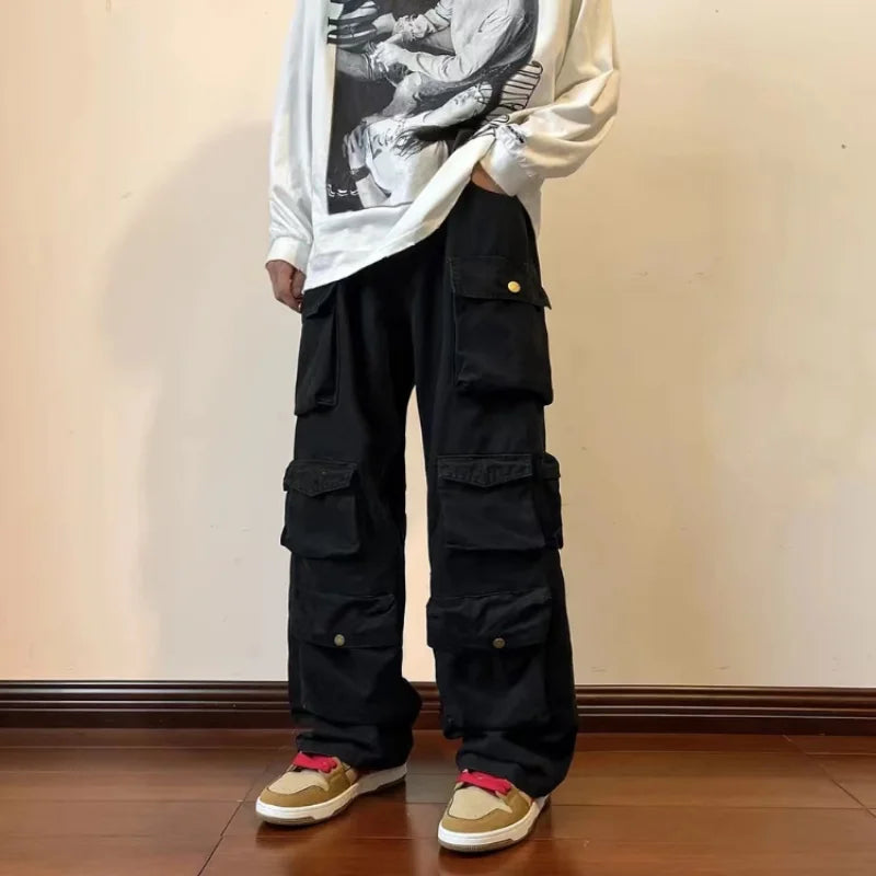 saferido Y2k  Hip-hop Cargo Pants Multi-pockets Tooling Pant Harajuku Men's Vintage Loose Wide Leg Pants Streetwear Casual Trousers