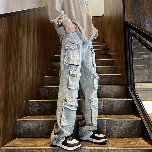 saferido Harajuku Muti-pockets Cargo Jeans Men's Washed Patchwork Straight Casual Trousers Couple Streetwear Loose Fashion Pants