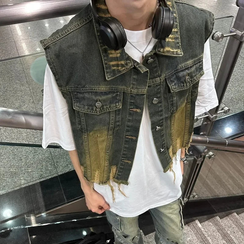 saferido American Style Vintage Denim Vest Cropped Fringed High Street Jacket Casual Loose Fit Sleeveless Tank Top For Men Women