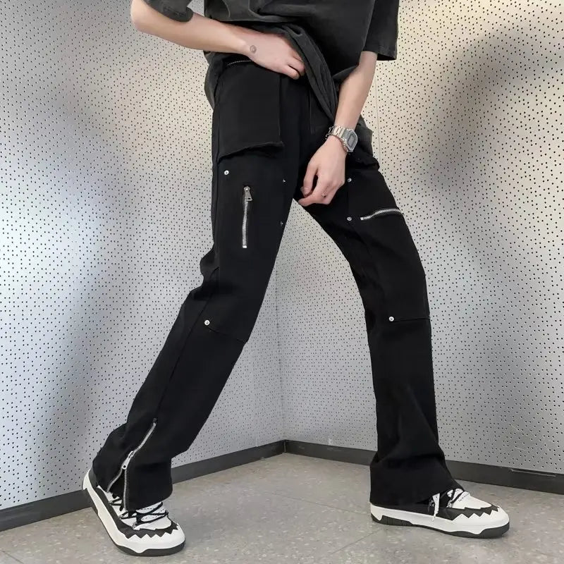 New Fashion Kpop Baggy Flared Jeans Cargo Y2K Pants Men Clothing Ankle Zipper Straight Korean Casual Cotton Long Trousers