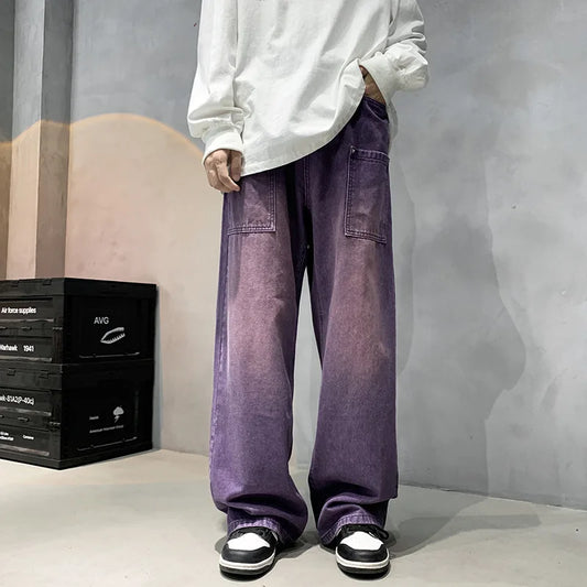 saferido Purple Wide Jeans for Men Ins Fashion Hip Hop Denim Trousers Vintage Casual Pants Streetwear Oversized Bottoms Male Y2K Clothes