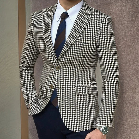 Houndstooth Plaid Blazer for Men One Piece Suit Jacket with 2 Side Slit Slim Fit Casual Male Coat Fashion Clothes