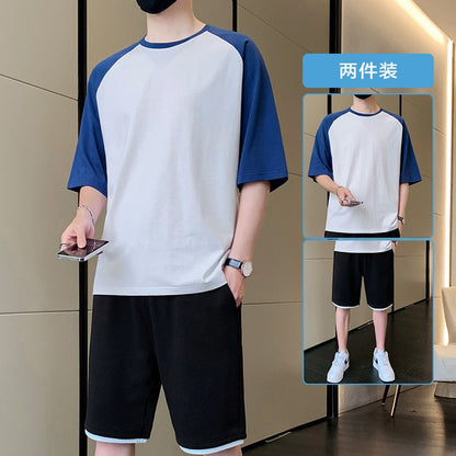 Korean Fashion 2 Piece Set Men Summer Clothes Patchwork Tracksuits Men Sports Wear Streetwear Outfits Men Clothing Pure Cotton