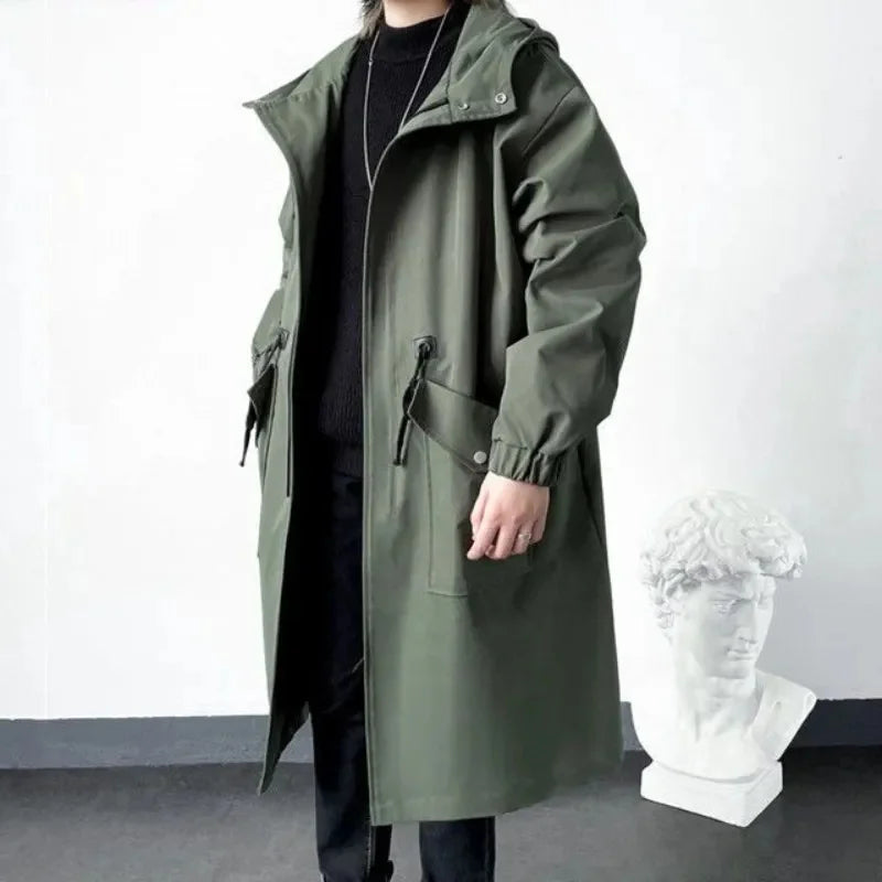 Spring Autumn Army Green Windbreaker Fashion Men Mid-length Casual Hooded Coat Men Daily High Street Overcoat Male Clothes