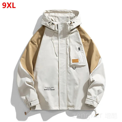 Big size jacket men's spring autumn multi-pocket loose Patchwork jacket hooded youth trendy tops Youth clothes 8XL 9XL