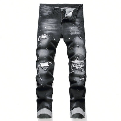 Men Cracked Blue Pleated Patch Biker Jeans Streetwear Holes Ripped Distressed Patchwork Stretch Denim Pants Slim Skinny Trousers