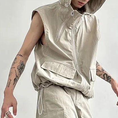 saferido Men Cargo Hooded Vest Summer Zipper Sleeveless Tops Male Korean Streetwear Hip Hop Unisex Hoodie Coat Fashion Waistcoat Jacket