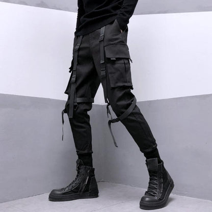 Techwear Black Cargo Pants for Men Cargo Trousers Male Japanese Streetwear Hip Hop Spring Ribbon Pocket Harajuku Fashion