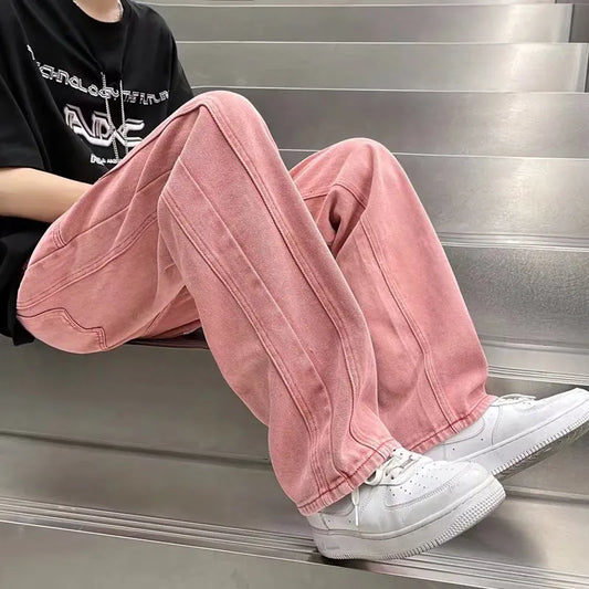 saferido Street Vibe Style Jeans Men's Loose Straight Pants Trendy Brand American Baggy Wide-leg Pants Pink Jeans Spring and Autumn