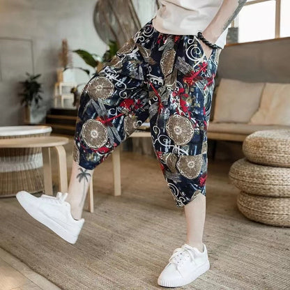 Summer Harajuku Calf Length Casual Men's Pants Wide Leg Cotton Linen Printing Harem Baggy Pants Fashion Men's Clothing