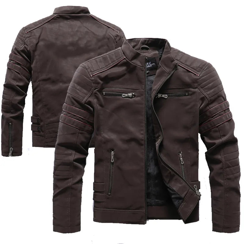 Vintage Fleece Leather Jacket Winter Motorcycle PU Men Warm Multi-pocket Leather Zipper Autumn Outwear Jackets Coat Male