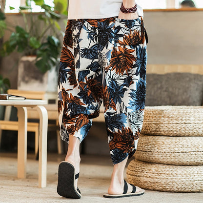 Summer Harajuku Calf Length Casual Men's Pants Wide Leg Cotton Linen Printing Harem Baggy Pants Fashion Men's Clothing