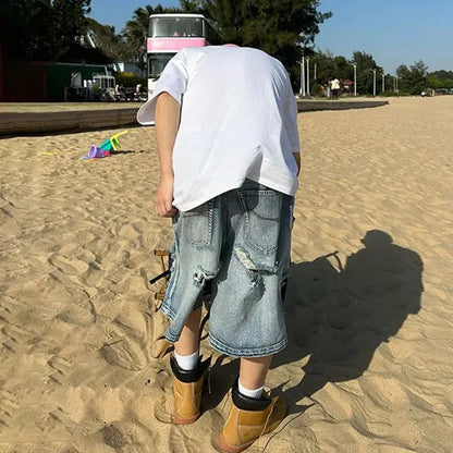 saferido Spring Summer Fashion Trend Thin Wide-Leg Loose Mid-Pant Shorts American Street Hip-Hop Ripped Distressed Y2k Jeans For Men