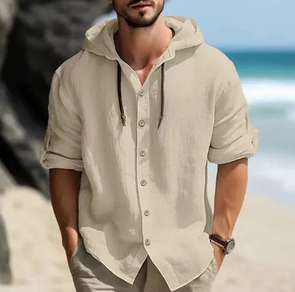 Summer Men Cotton Linen Shirt Solid Streetwear Long Sleeve Hoodie Cardigan Clothing For Male Tops Casual Loose Button Man Shirts