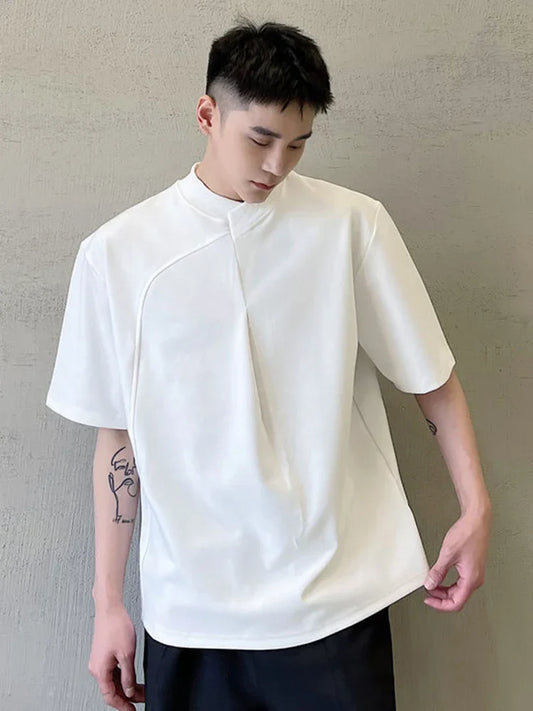 saferido Style Korean Personality Asymmetric Cross Rib Neckline Solid Colour Men's Casual Half Sleeve Tshirt New Fashionable Tops