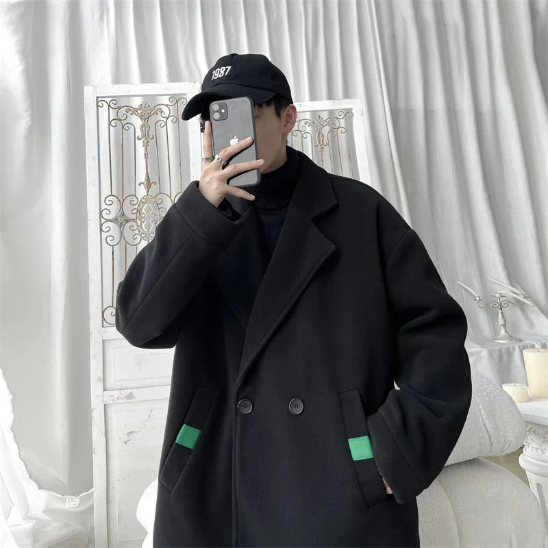 saferido Winter Beige Black Woolen Coat Men Warm Fashion Casual Double Breasted Woolen Jacket Mens Korean Loose Short Woolen Coat Men