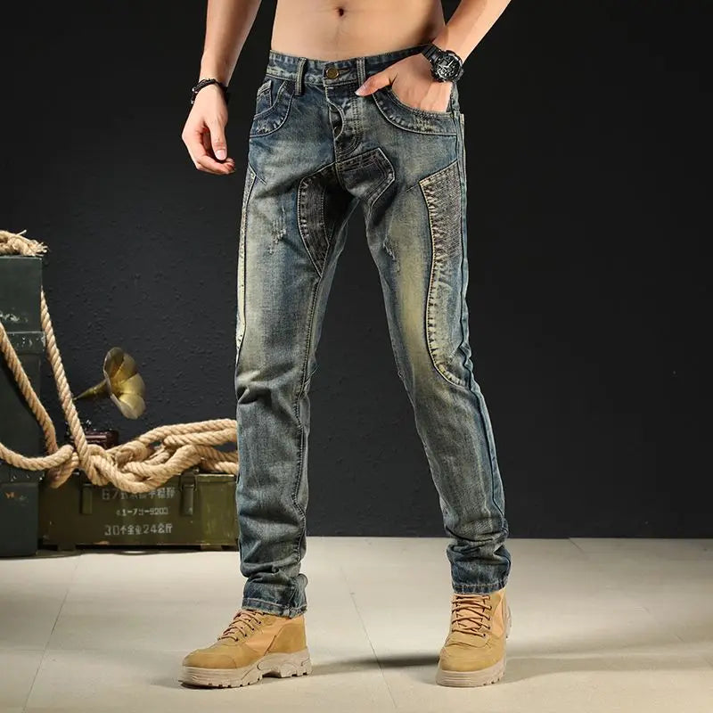 saferido Jeans for Men Motorcycle Slim Fit Vintage Skinny Spliced Buggy Trousers Male Cowboy Pants Tight Pipe Japanese Street Style Denim