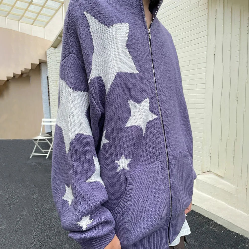 saferido Star Zipper Cardigan Men Hooded Knitted Sweater Y2K Streetwear Spring Fall American Loose Casual All-match Hooded Sweater Jacket