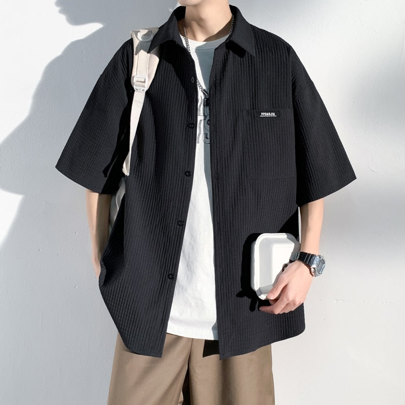 Spring Men's Corduroy short sleeve Shirts Fresh Harajuku Neutral Woman Fashion Casual Oversize Hip Hop College Shirt Coat