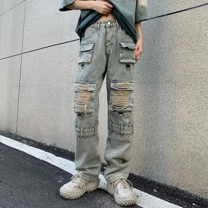 Pockets Y2K Streetwear Ripped Jeans Cargo Pants For Men Clothing Straight Vintage Hip Hop Denim Trousers Ropa Hombre