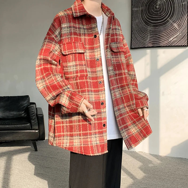 saferido Winter Short Woolen Coat Men Warm Oversized Retro Plaid Woolen Jacket Men Streetwear Korean Loose Thick Woolen Coat Mens Jackets