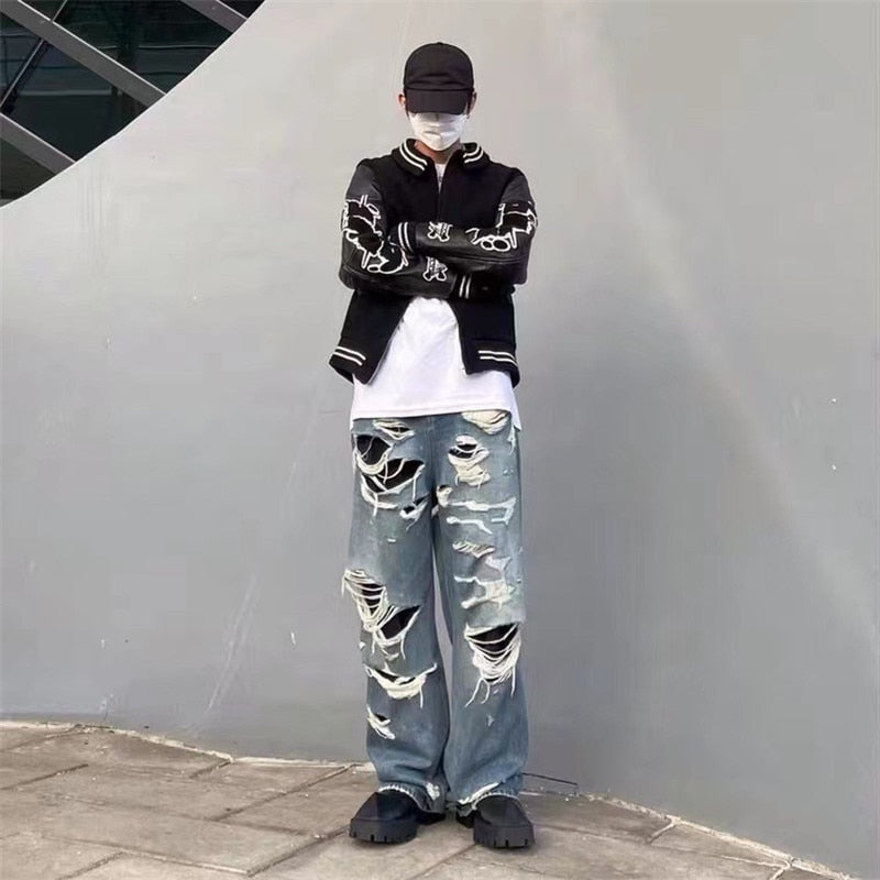 Men's Vibe Style Destroyed Jeans Pants Fashion Hi Street Ripped Oversize Hip Hop Denim Trousers Loose Fit Distressed Bottoms