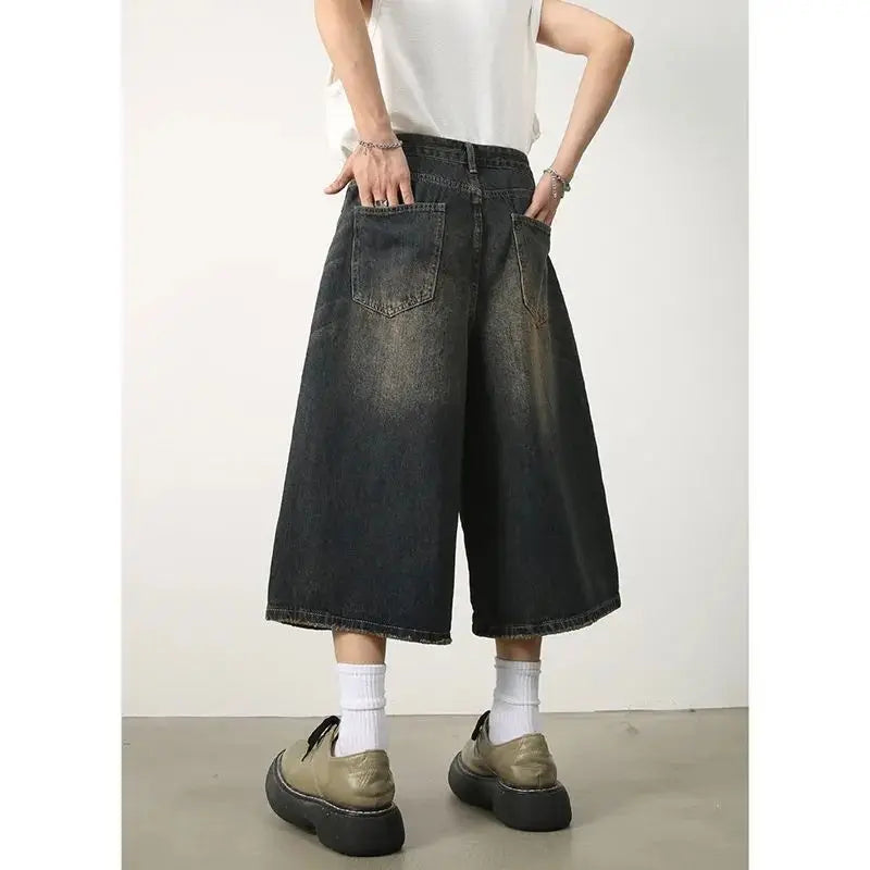 saferido American Retro Summer Calf-Length Denim Pants Jeans Men High Street Over Knee Wide Leg Straight Shorts Casual Oversized Shorts