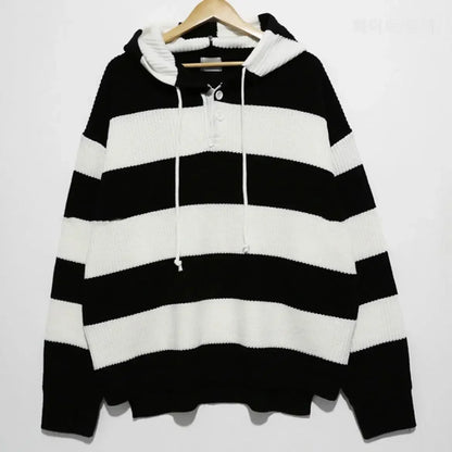 saferido Knit Sweater Male Loose Fit Striped Men's Clothing Black Spliced Pullovers Korean Fashion Hoodies Y2k Streetwear New in Tops A V