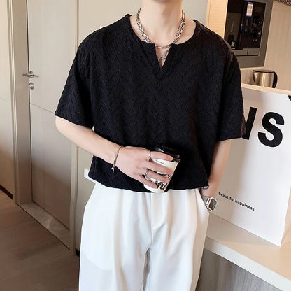 saferido Summer Short-sleeved T-shirt Men Fashion Casual Black White Pleated Tshirt Men Streetwear Korean Loose V-neck T Shirt Men Tops