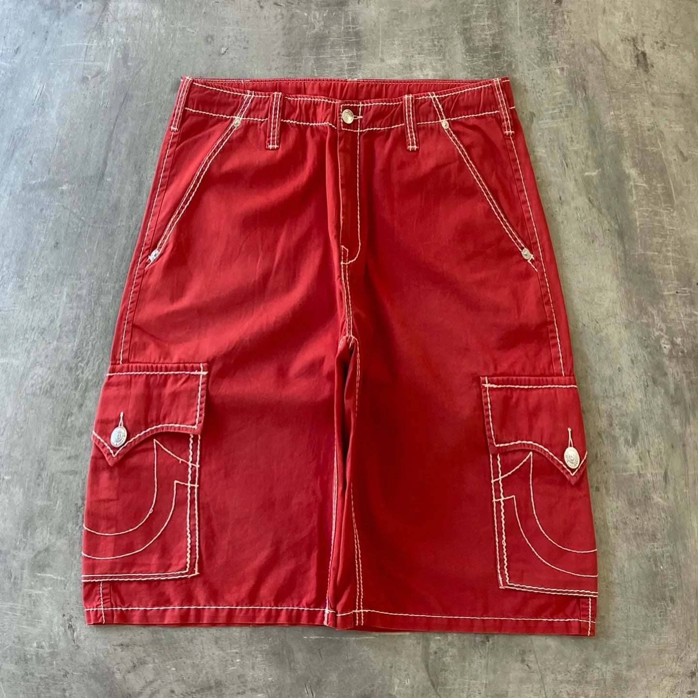 saferido Y2K New Line Embroidered Red Denim Mid Pants American Retro Gothic Jeans Men Street Hip Hop Harajuku Punk Loose Wide Legs Shorts