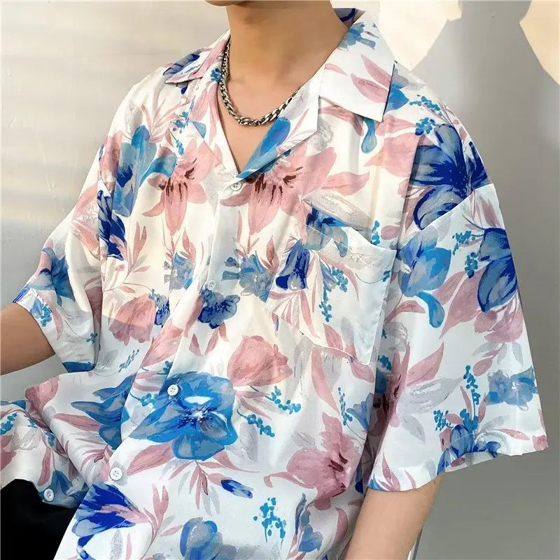 Hawaiian Shirts Men Advanced Breathable Trendy Summer Half Sleeve Floral High Street Pocket Korean Style Male Hipster Handsome