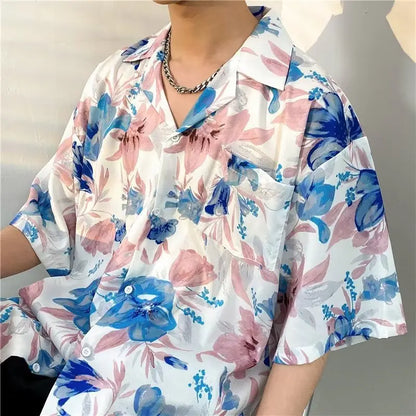 Hawaiian Shirts Men Advanced Breathable Trendy Summer Half Sleeve Floral High Street Pocket Korean Style Male Hipster Handsome