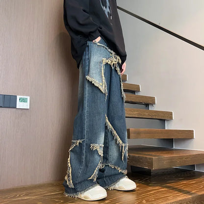 saferido Trendy Star-printed Men's Jeans Loose-fit Hip-hop Style Casual Trousers Wide-leg American Style Functional Working Pants