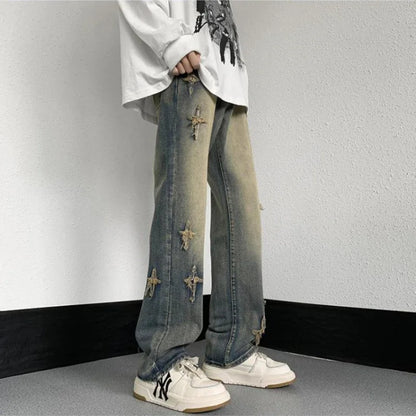 saferido American Retro Hiphop Pants Washed Cross Jeans Men's Korean Hip Hop 2024 Spring Autumn Loose Trendy Straight Trousers