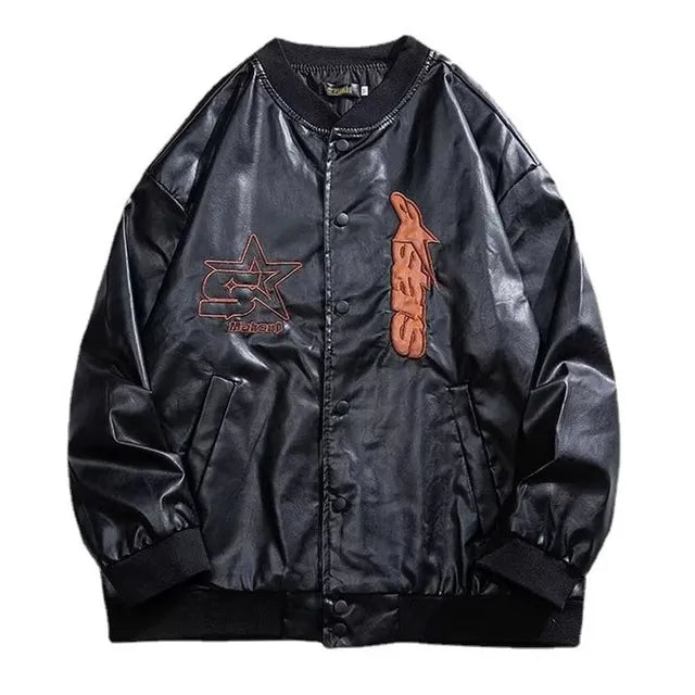 Embroidery Bomber Leather Jacket Men Women Hip Hop Loose Motorcycle Coat Unisex High Street Varsity Baseball Outwear Autumn