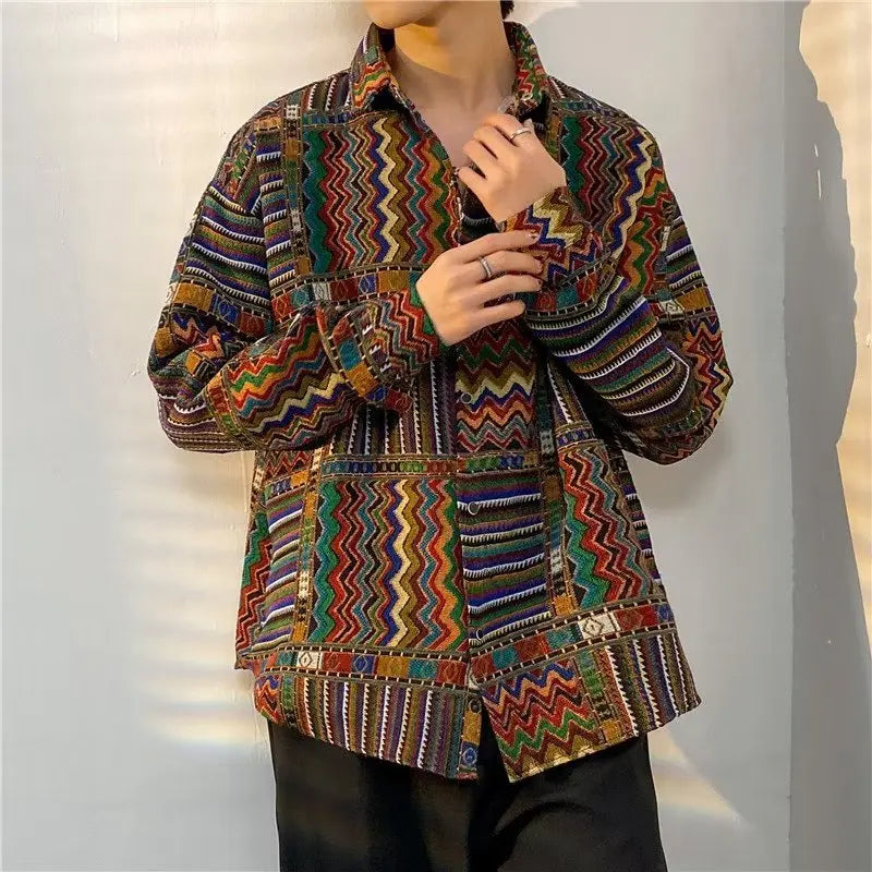 Retro Print Jackets Men Harajuku Cozy Autumn Long Sleeved Outwear Holiday Popular Korean Style Unisex Loose Males Clothes Street