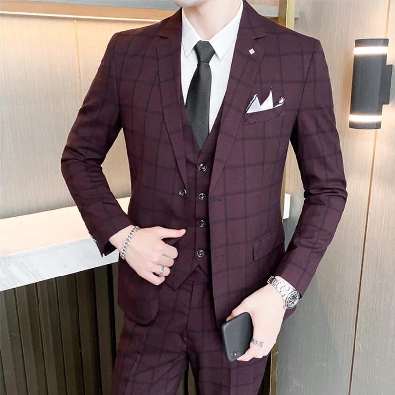 saferido (Jacket+Vest+Pants) Men Dress Suits British 3Piece Men Wedding Suit Autumn Men Business Formal Plaid Suit Male Luxury Slim Dress