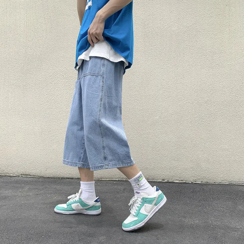 saferido New Summer Fashion Straight Leg Jeans For Men's Korean Light Blue Slim Fit Loose Luxury Brand Design Casual Wide Leg Shorts