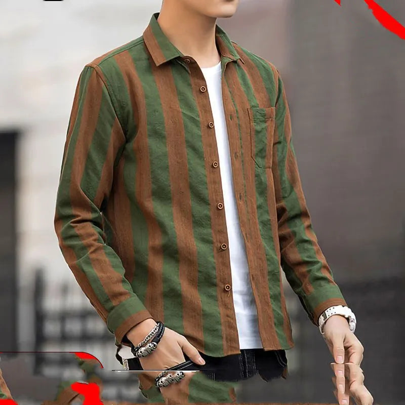 Spring Autumn New Fashion Striped Shirt Man Turn-down Collar Long Sleeve Single Breasted Cardigan High Street Contrast Color Top