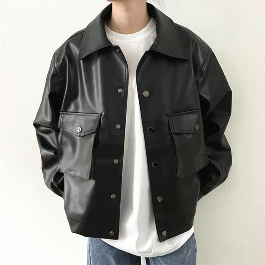 saferido Black Short Leather Jacket Men Oversized Pocket Motorcycle Jackets Mens Streetwear Hip-hop Loose Bomber Jacket Men Korean Coat